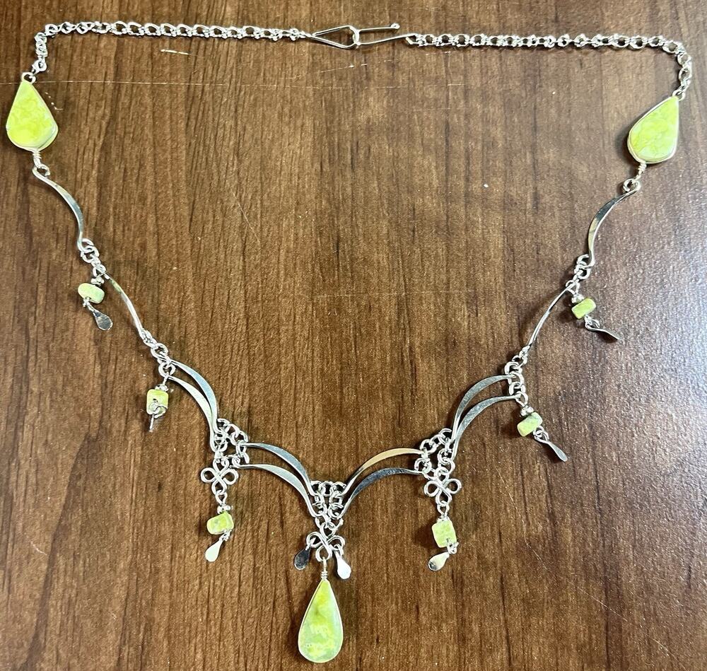 Serpentine Semiprecious Stone & Alpaca Silver Handmade Necklace From Peru NEW